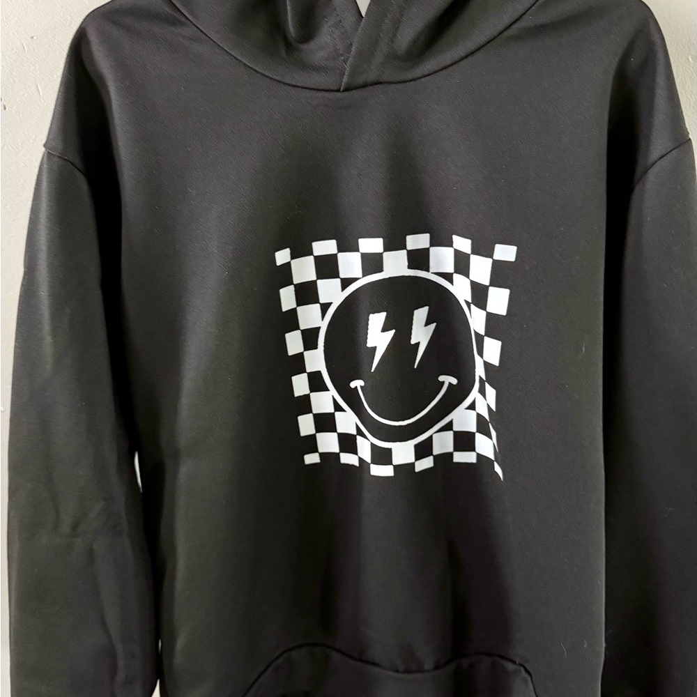 SHEIN Black Hoodie with Checkered Smile Graphic